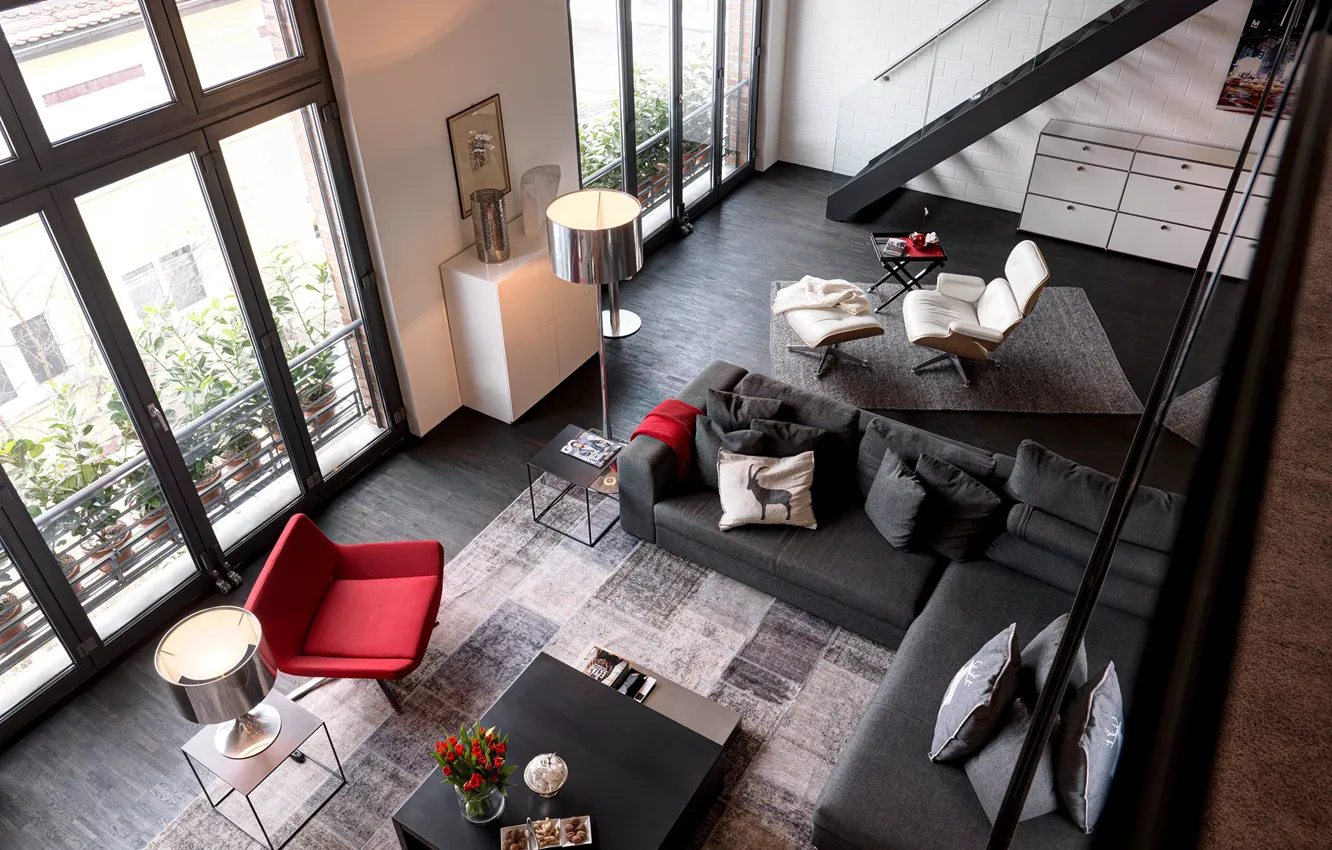 Фото обои интерьер, лестница, гостиная, лофт