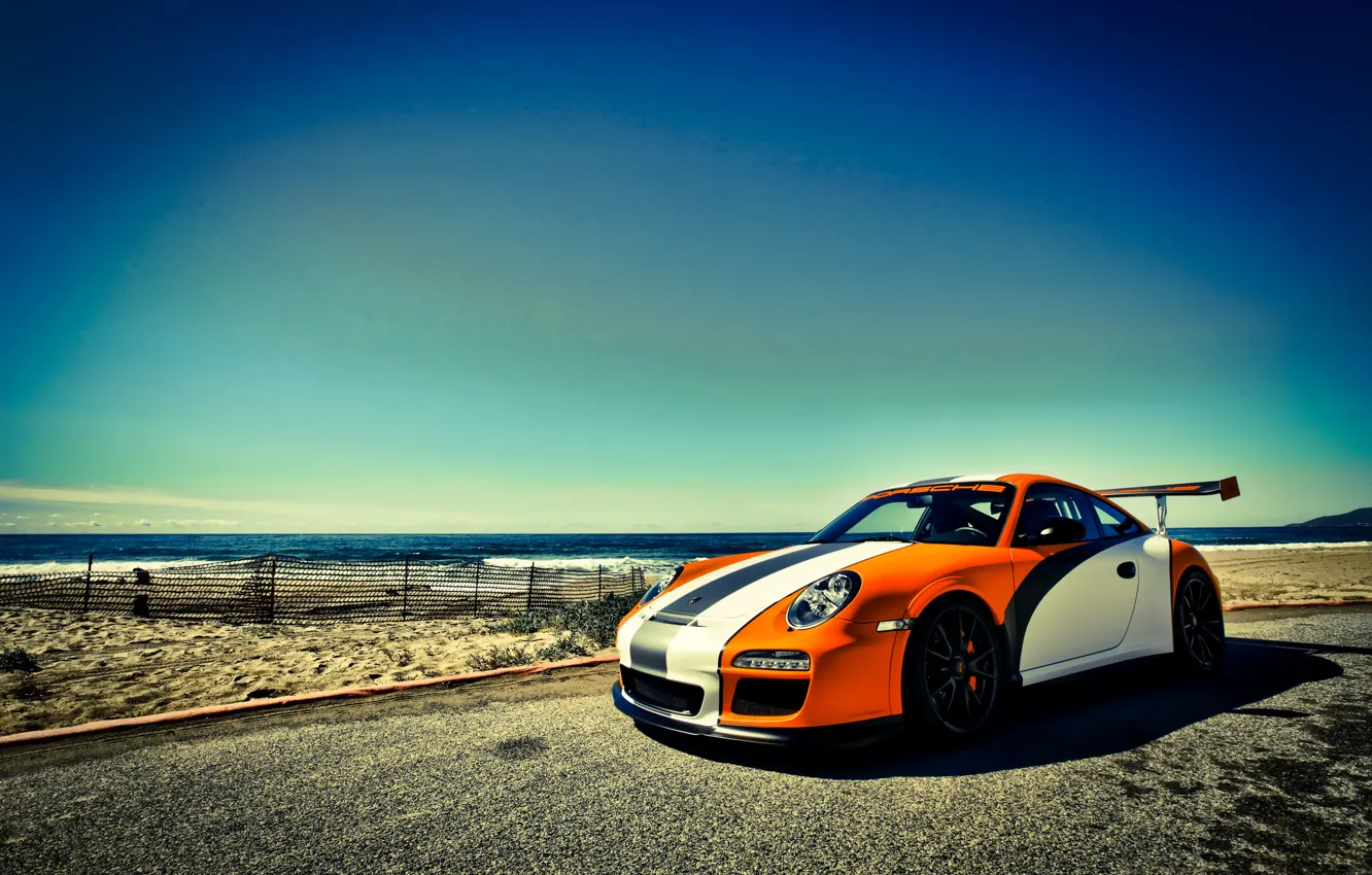 Фото обои море, небо, оранжевый, 911, Porsche, порше, GT3, orange