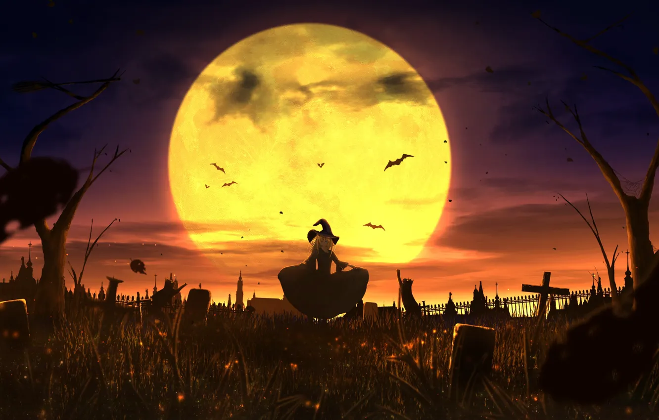 Фото обои ночь, луна, кладбище, ведьма, черные кошки, летущие мыши