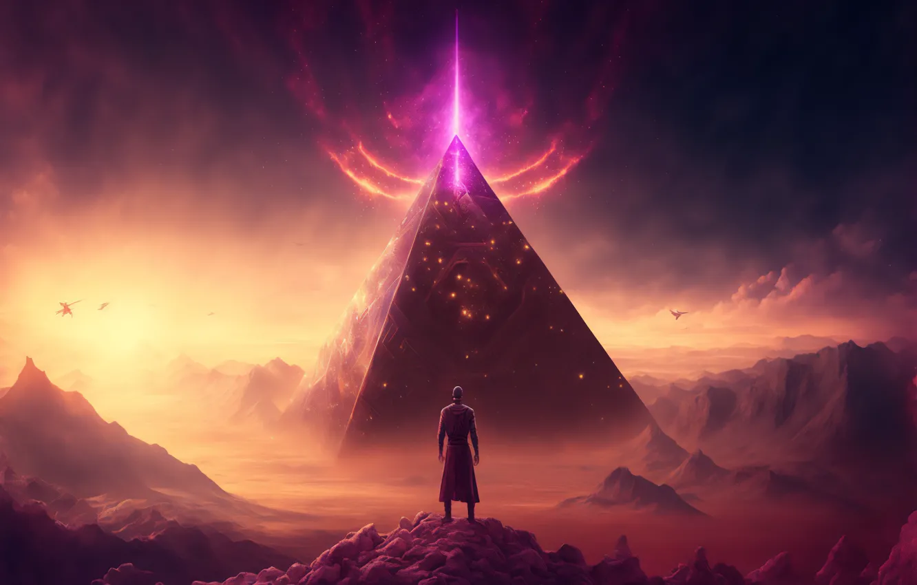 Фото обои light, fantasy, art, man, pyramid