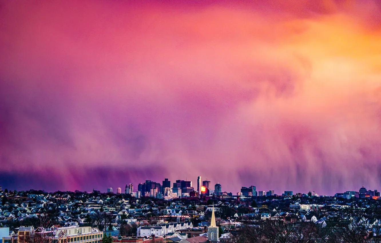 Фото обои city, twilight, sunset, pink, Boston, clouds, dusk, downtown