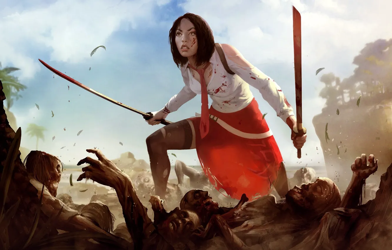Фото обои девушка, кровь, рисунок, меч, катана, бой, арт, зомби