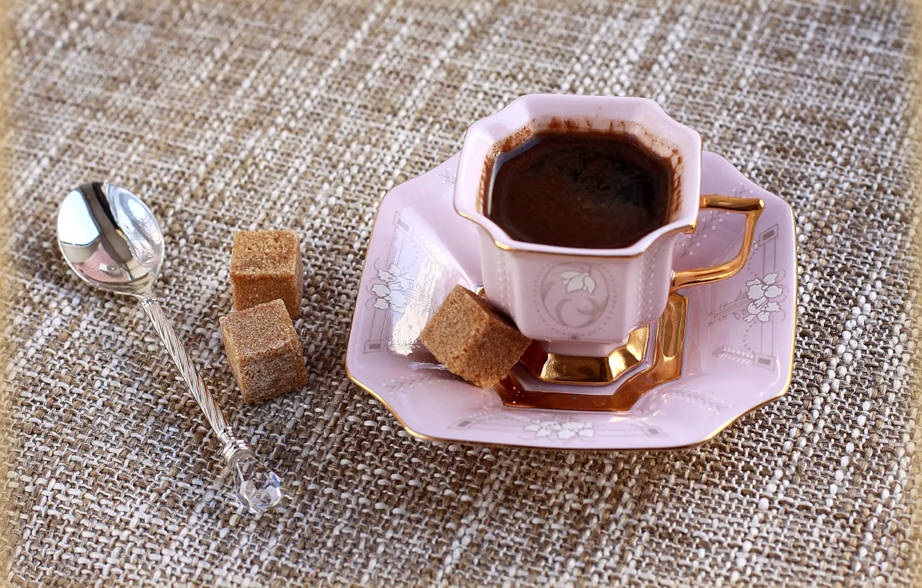 Фото обои кофе, утро, розовое, ложка, чашка, сахар, натюрморт, фарфор
