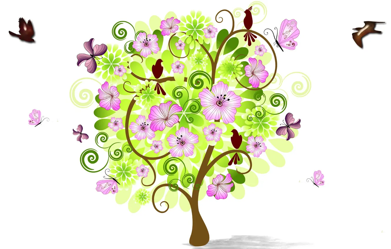 Фото обои цветы, птицы, дерево, коллаж, весна