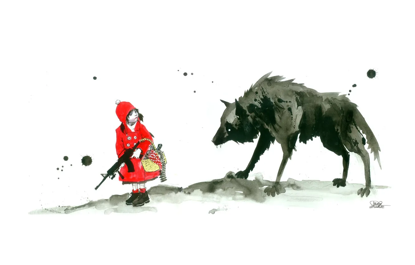 Фото обои оружие, волк, красная шапочка, девочка