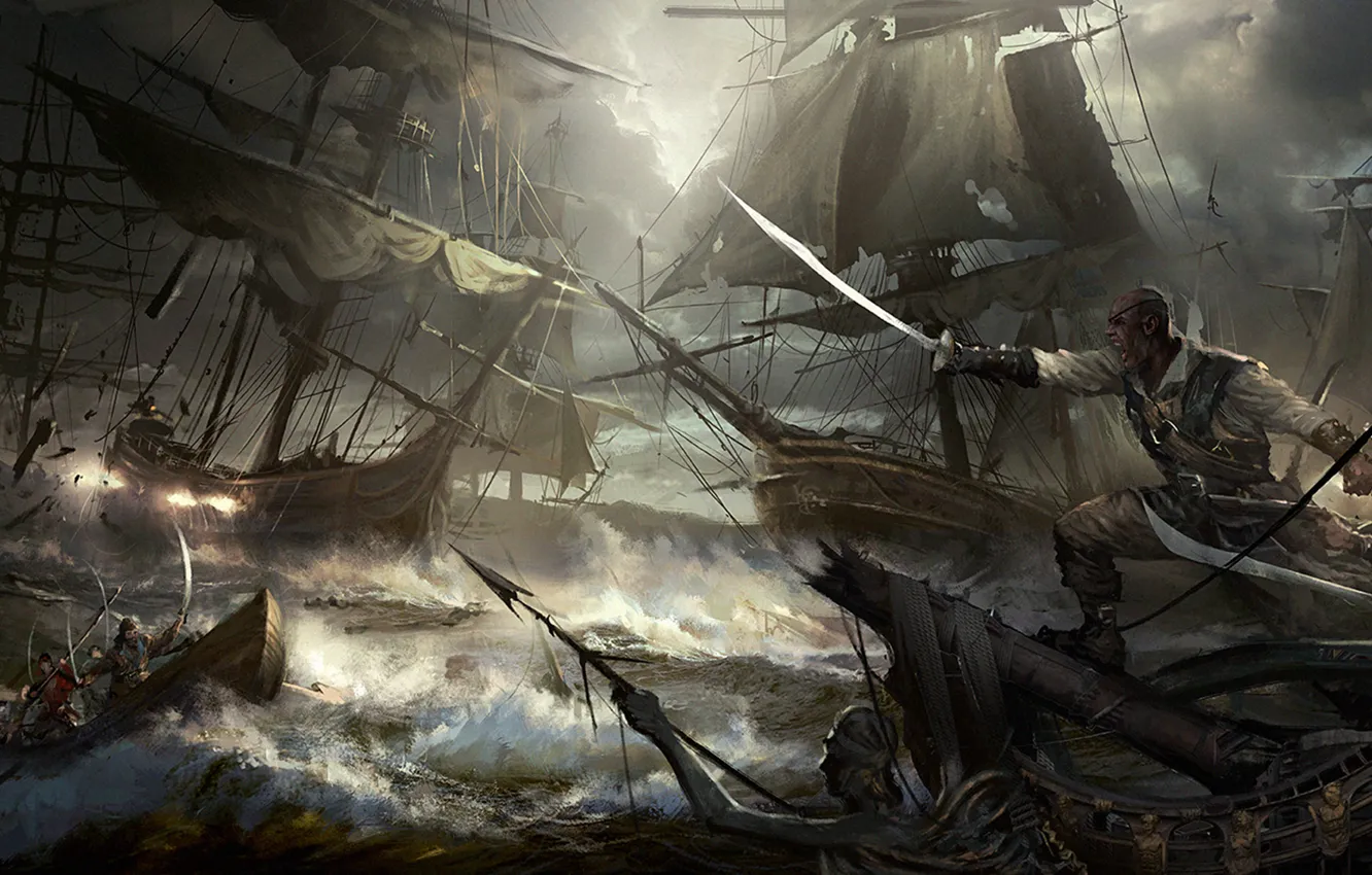 Фото обои море, лодка, корабли, буря, бой, пираты, сабля