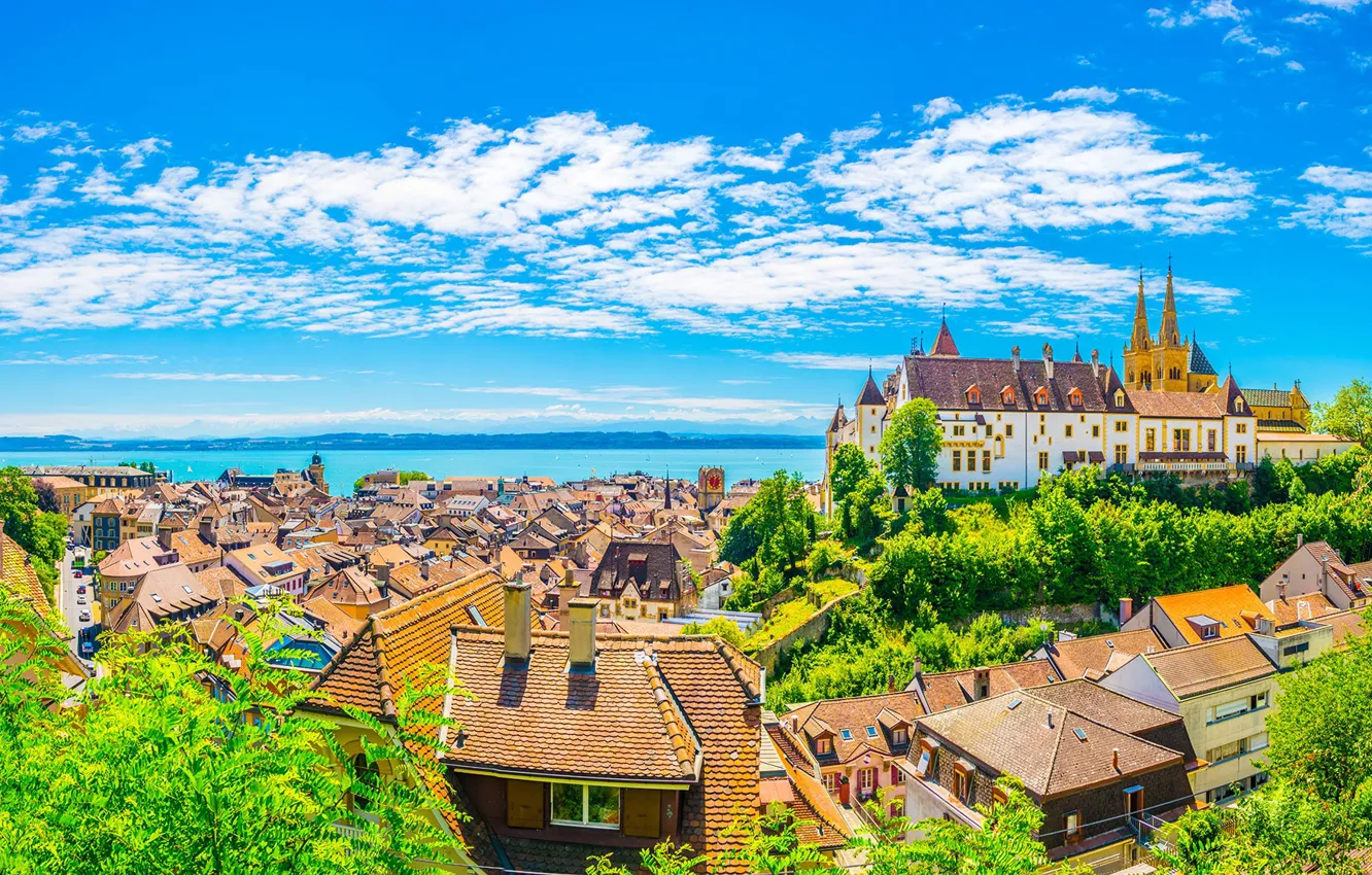 Фото обои небо, замок, дома, Швейцария, крыши, Невшатель
