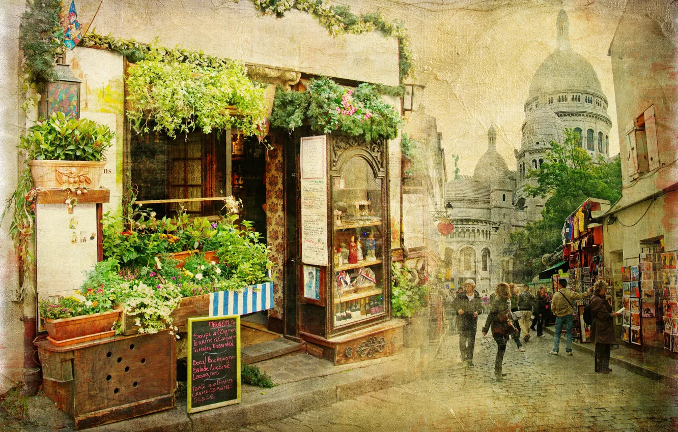 Фото обои город, улица, маленький, ресторан, старый, франция, vintage, Old street