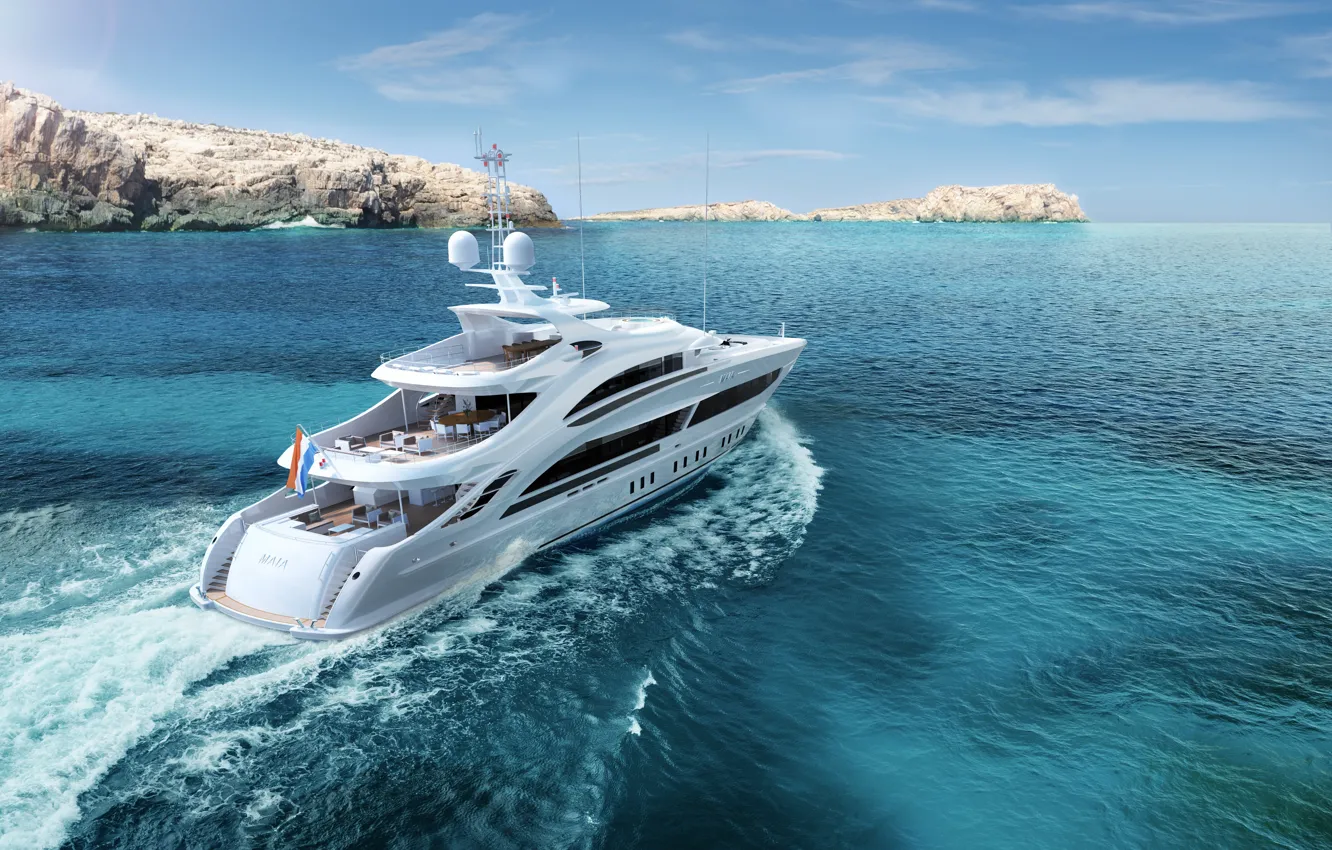 Фото обои sea, coast, motor yacht, 18350 Maia CAM-3, Netherlands Heesen Yachts