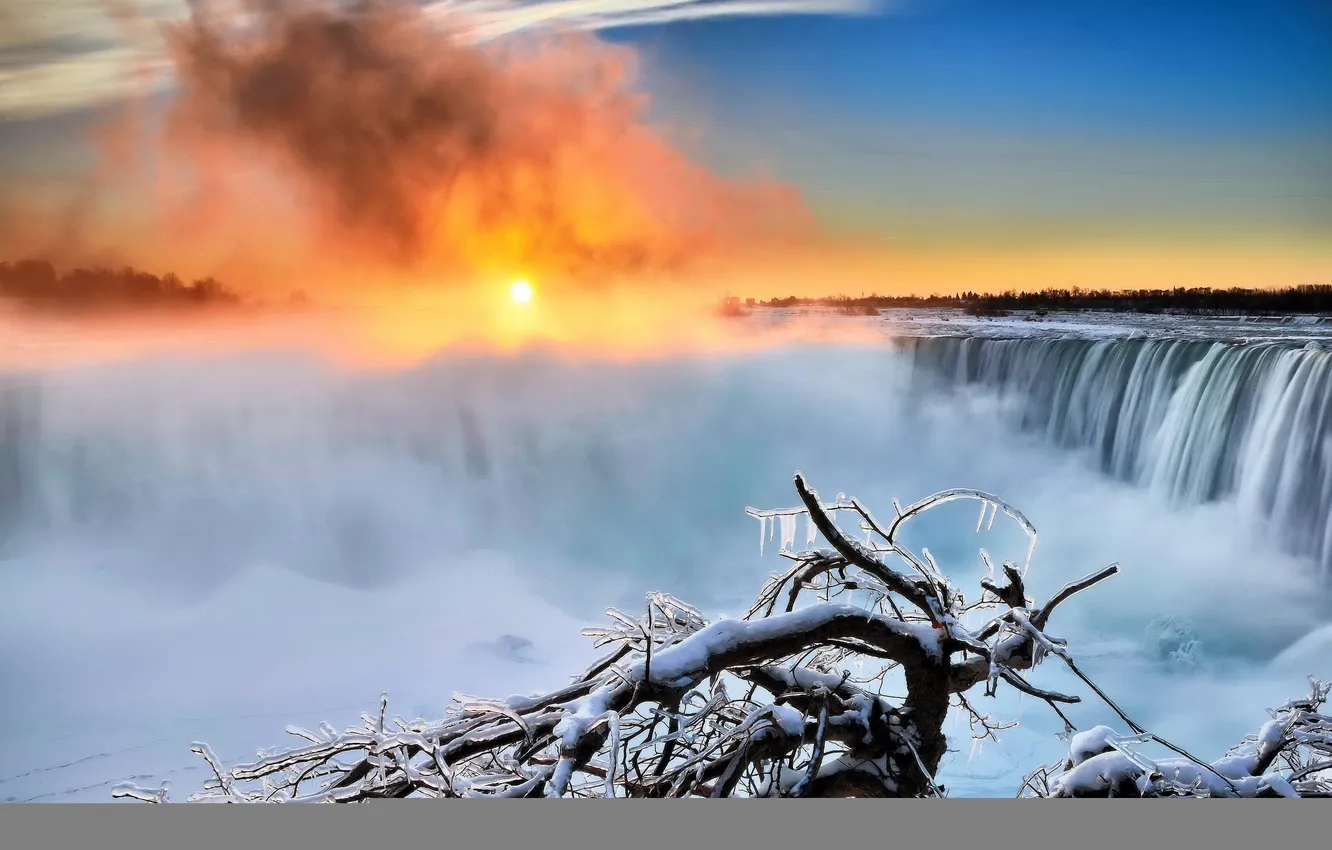 Фото обои зима, рассвет, утро, Ниагара, Канада, Онтарио