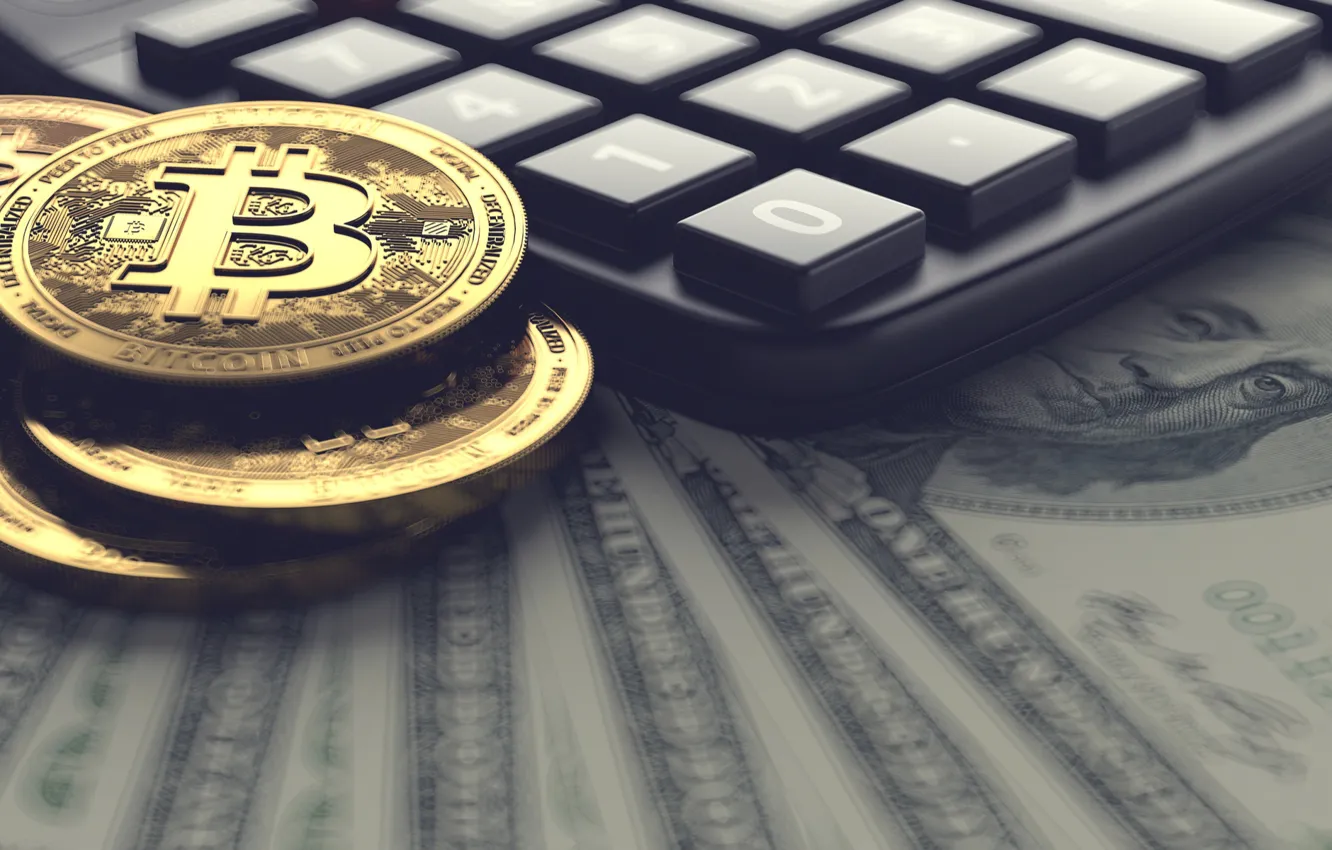 Фото обои money, dollars, bitcoin, calculator