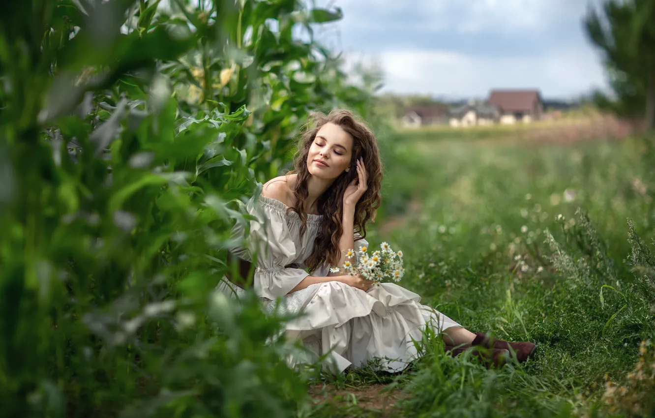 Фото обои трава, девушка, цветы, природа, поза, заросли, ромашки, кукуруза