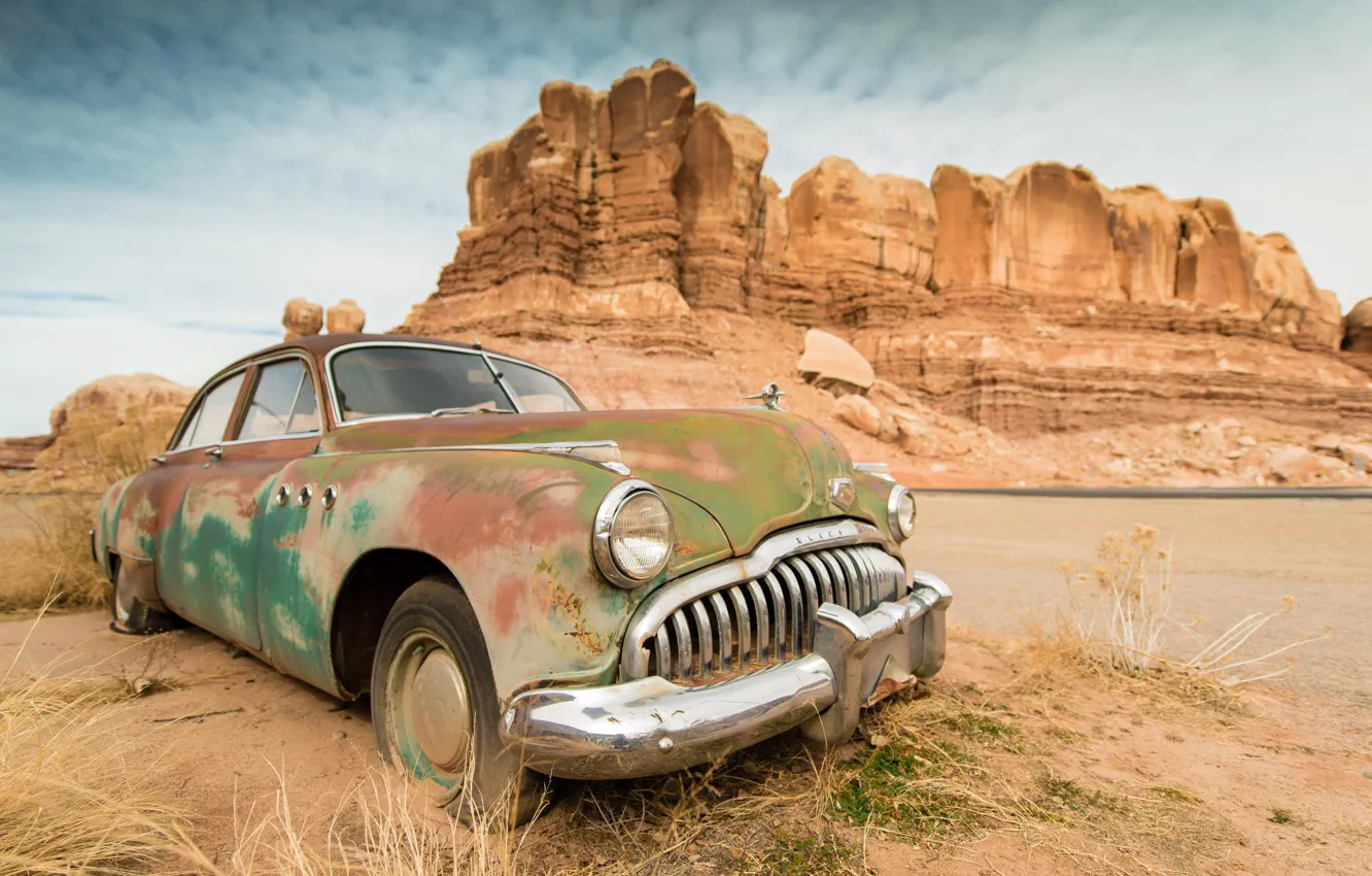 Фото обои машина, авто, горы, ретро, пустыня, каньон