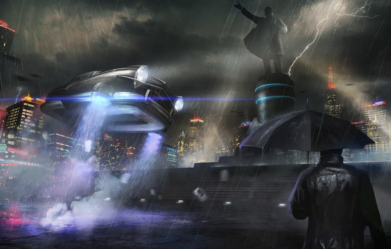 Фото обои дождь, человек, москва, зонт, статуя, автомобиль, ленин, мегаполис