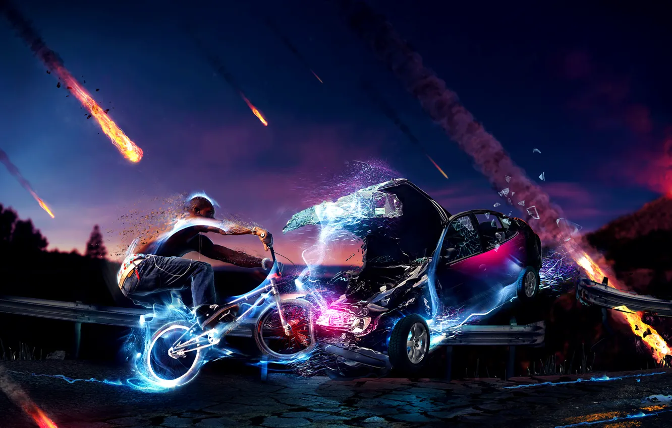Фото обои car, fire, cycle