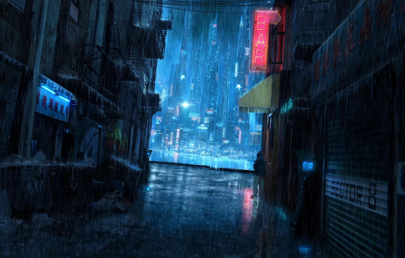 Фото обои ночь, дождь, человек, вывеска, переулок, мусорный бак