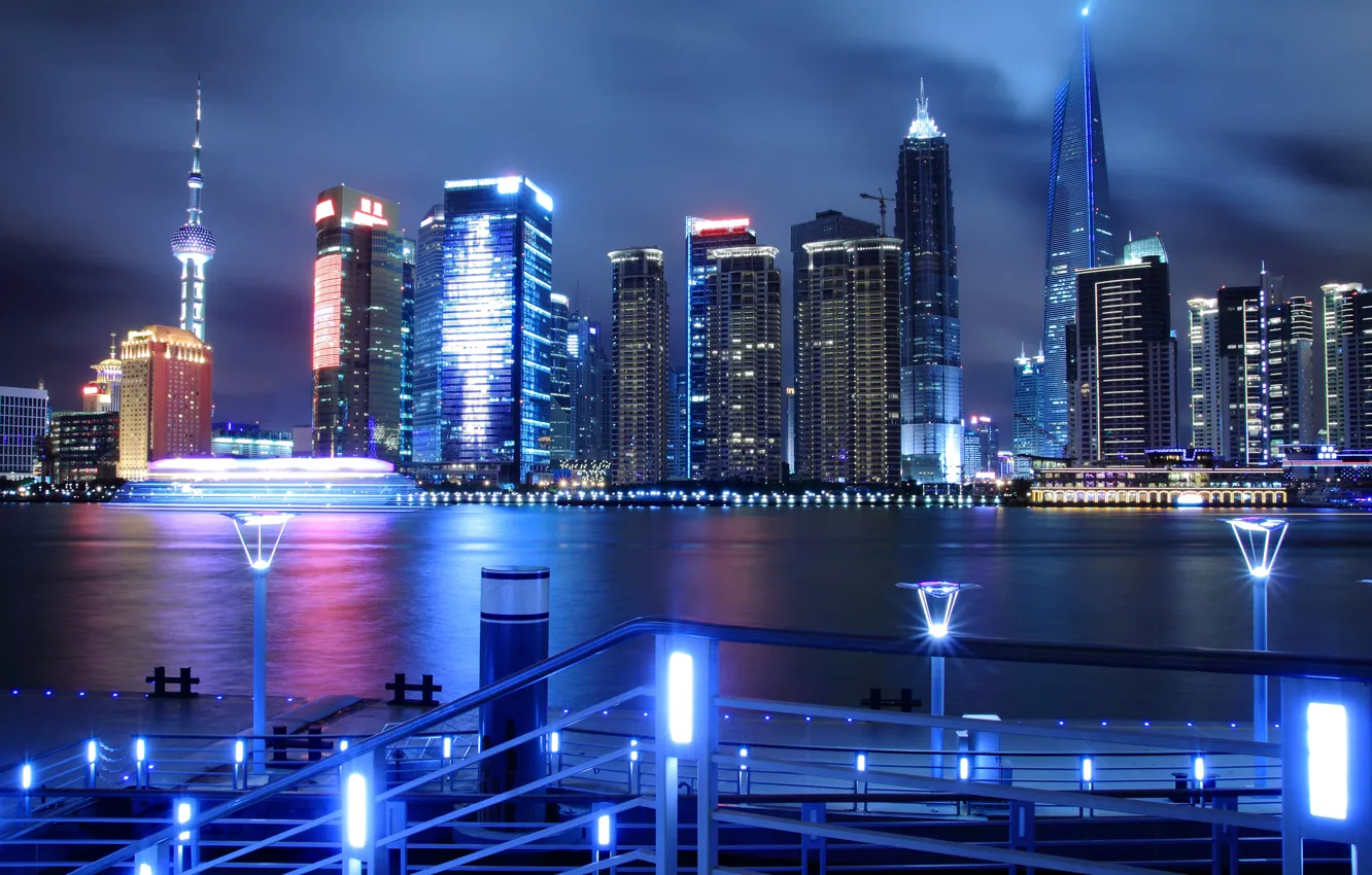 Фото обои ночь, город, огни, река, China, небоскребы, Китай, Shanghai