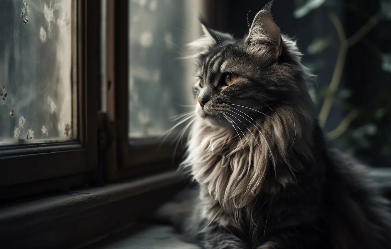 Фото обои кошка, кот, взгляд, свет, серый, портрет, пушистый, окно