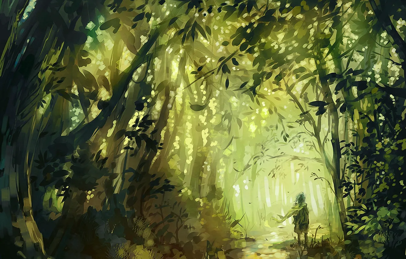 Фото обои лес, деревья, человек, арт, дорожка