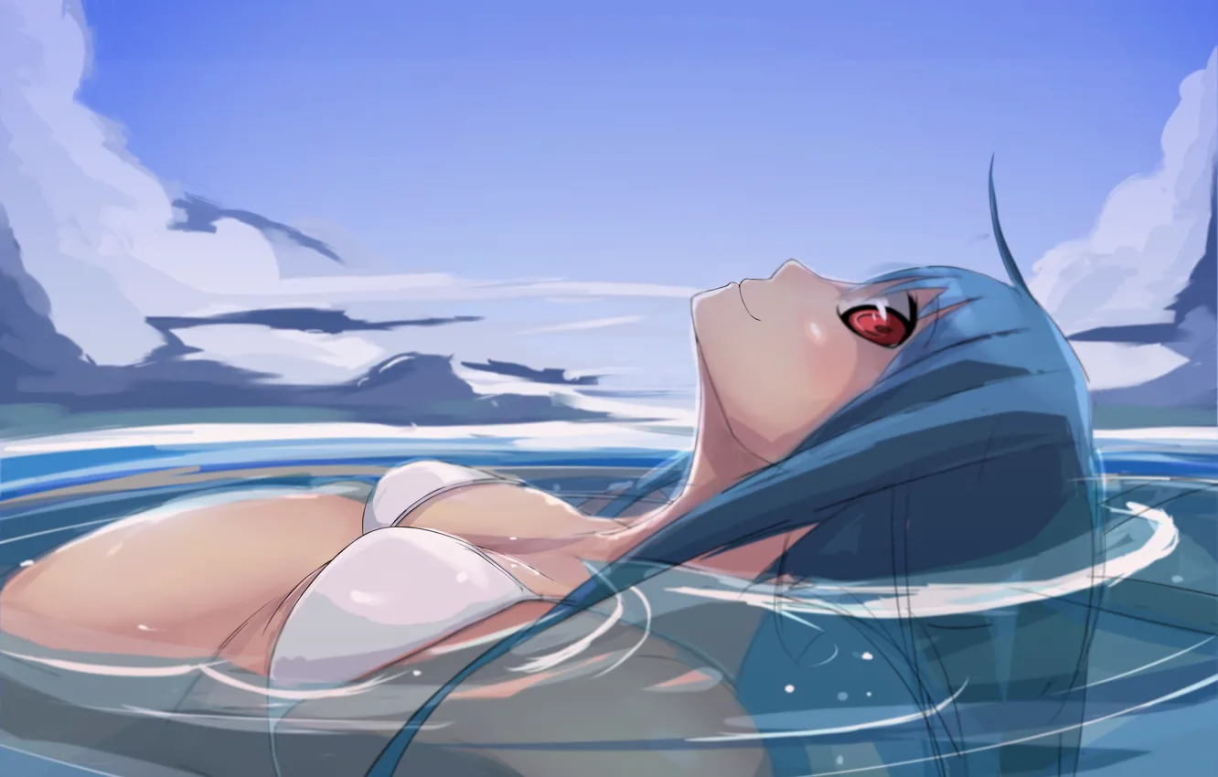 Фото обои купальник, небо, профиль, Hinanawi Tenshi, красные глаза, голубые волосы, art, лежит в воде