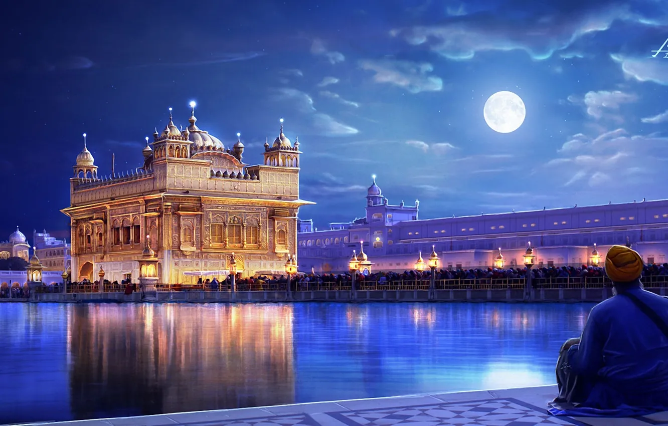 Фото обои ночь, город, огни, река, луна, человек, арт, India
