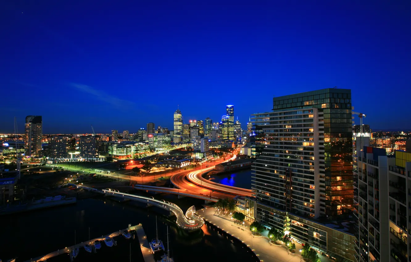 Фото обои ночь, огни, улица, небоскреб, дома, развязка, панорама, Melbourne