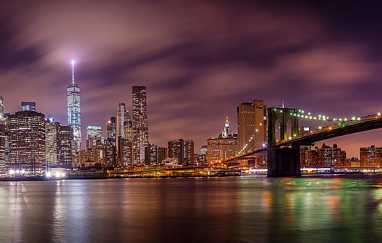 Фото обои Нью-Йорк, панорама, Бруклинский мост, ночной город, Манхэттен, Manhattan, New York City, Brooklyn Bridge