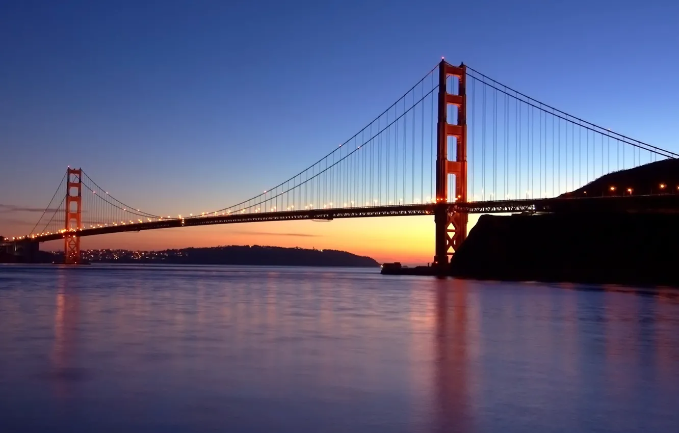 Фото обои огни, Мост, вечер, Сан-Франциско, золотые ворота