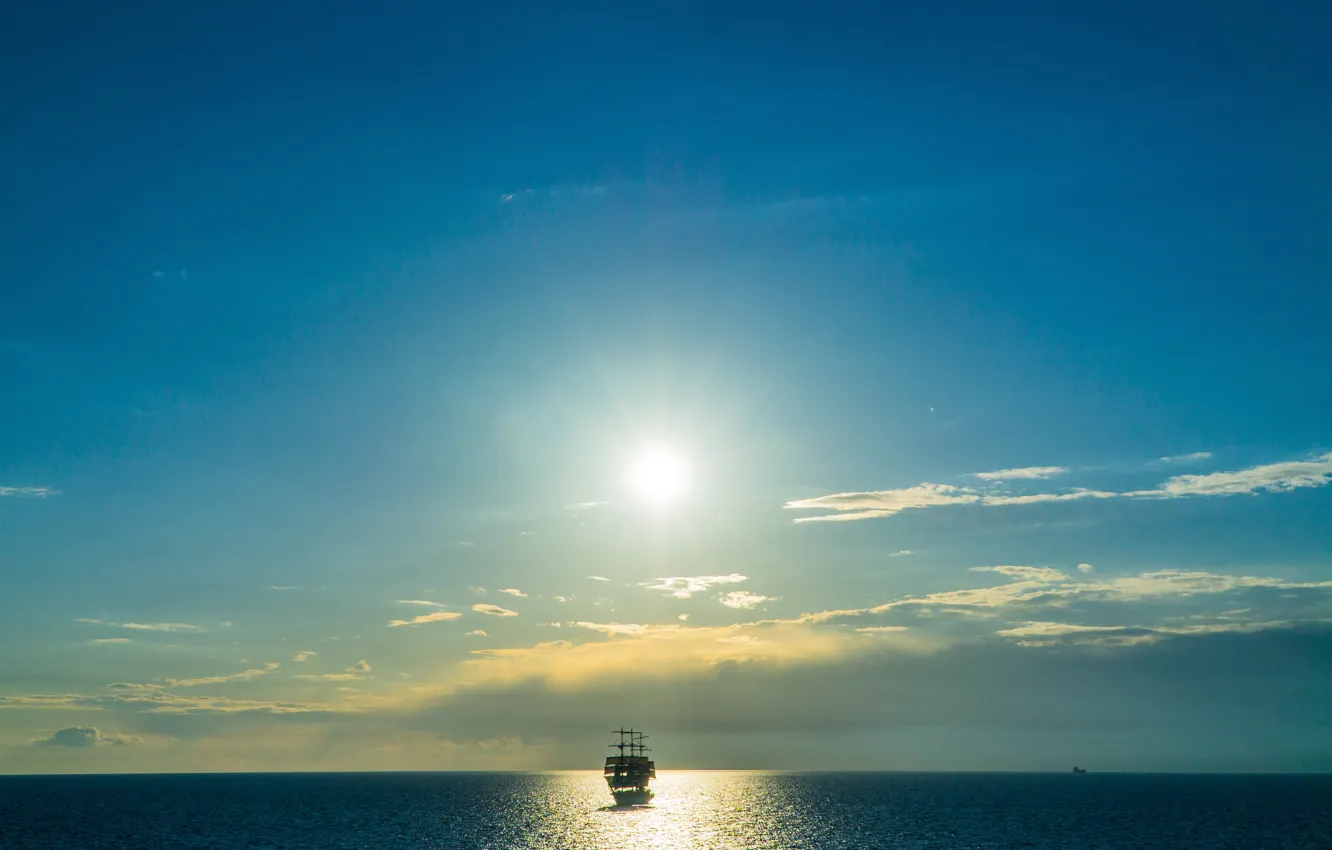 Фото обои море, облака, природа, горизонт, Судно