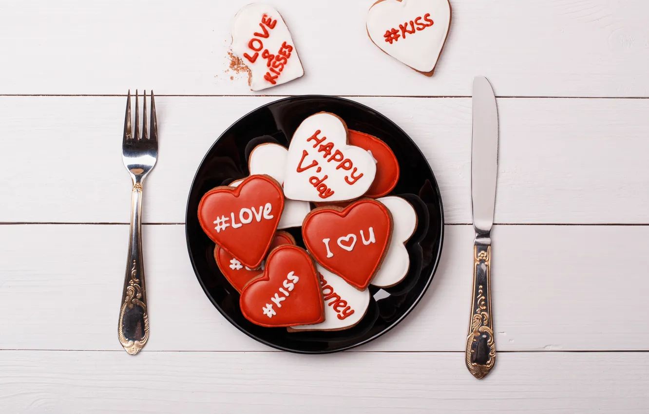 Фото обои стол, тарелка, нож, вилка, 14 февраля, день всех влюбленных, ужин, день святого Валентина