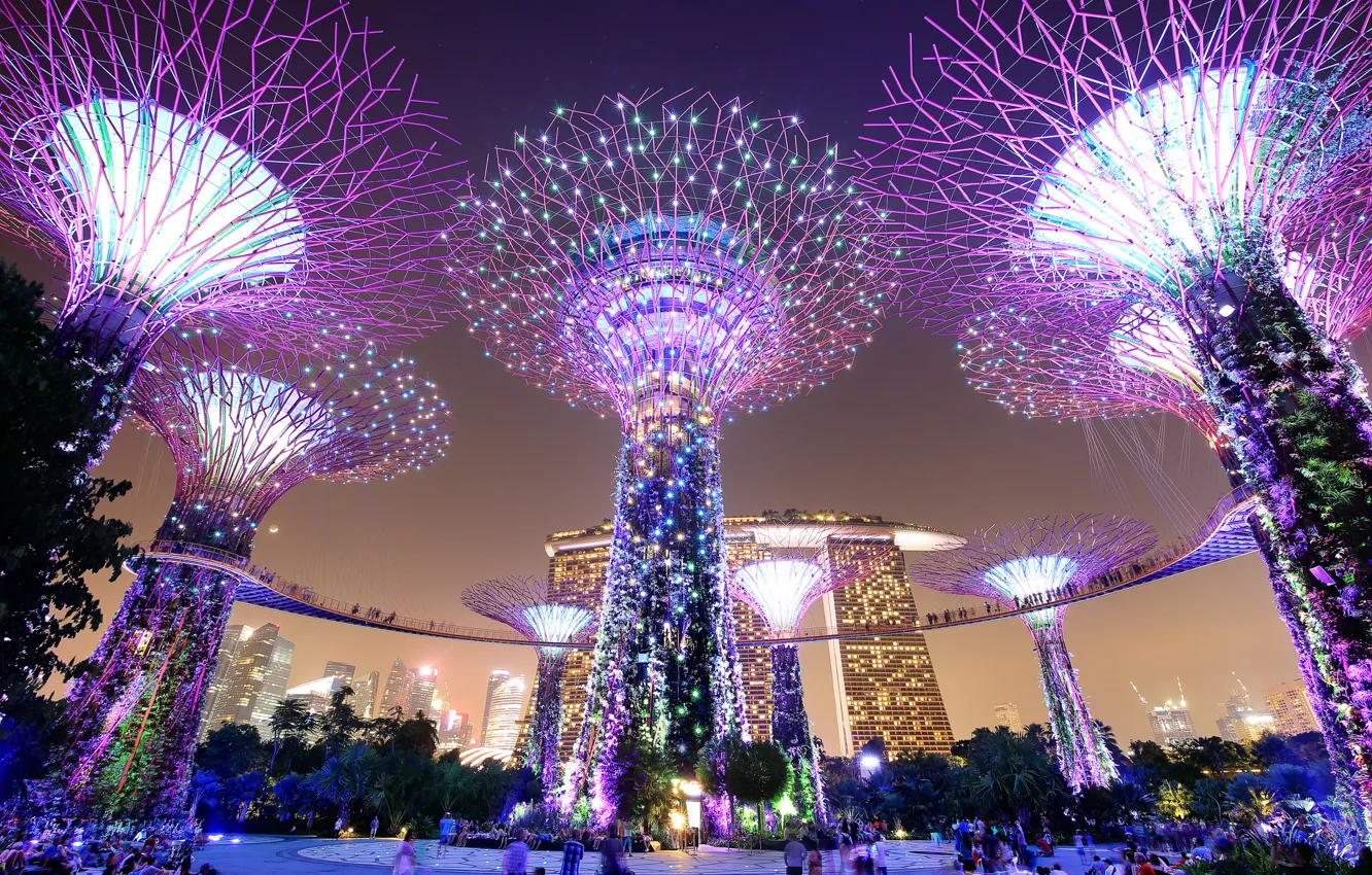 Фото обои ночь, огни, Сингапур, мегаполис, Singapore, Marina Bay Sands, Gardens by the Bay, Parks