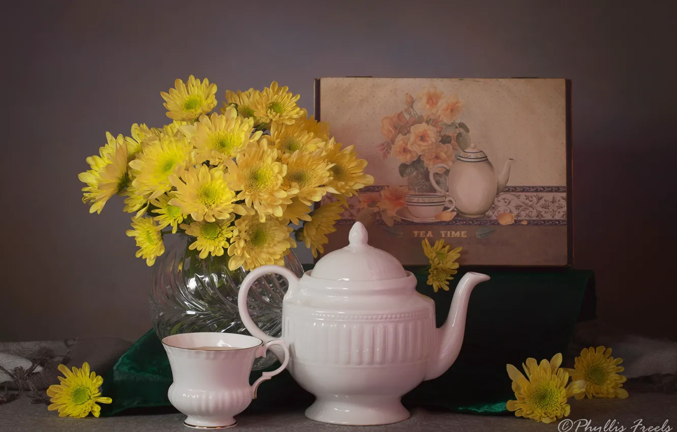 Фото обои цветы, стиль, картина, чайник, чашка, натюрморт, хризантемы, жёлтые