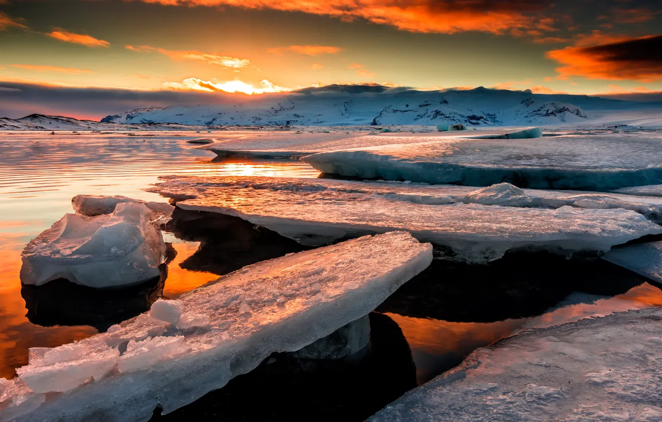 Фото обои лед, зима, небо, цвета, солнце, облака, свет, пейзаж