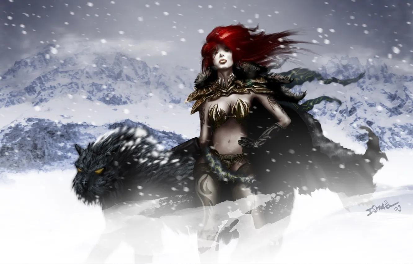 Фото обои зима, девушка, волк, арт