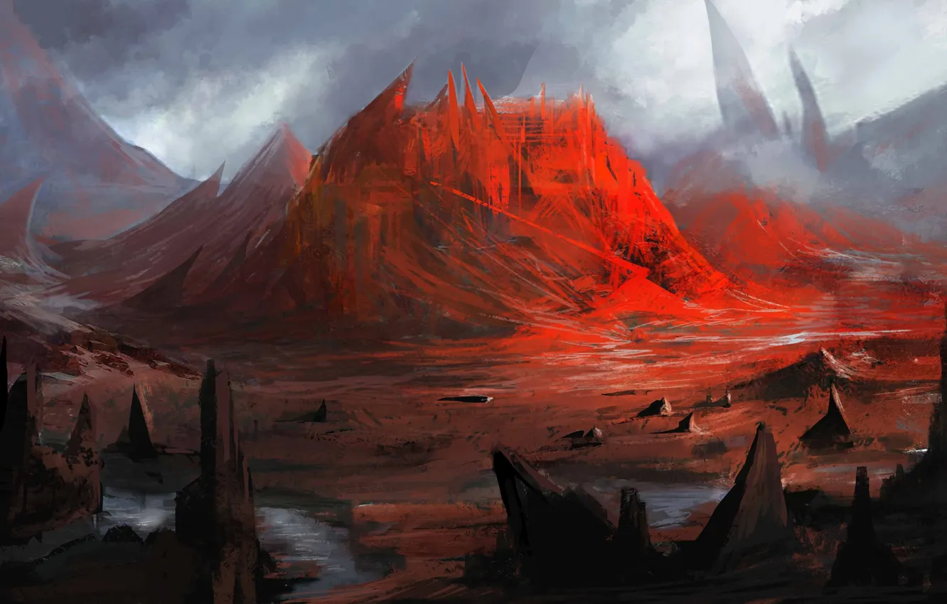 Фото обои гора, арт, cloudminedesign, red mountian