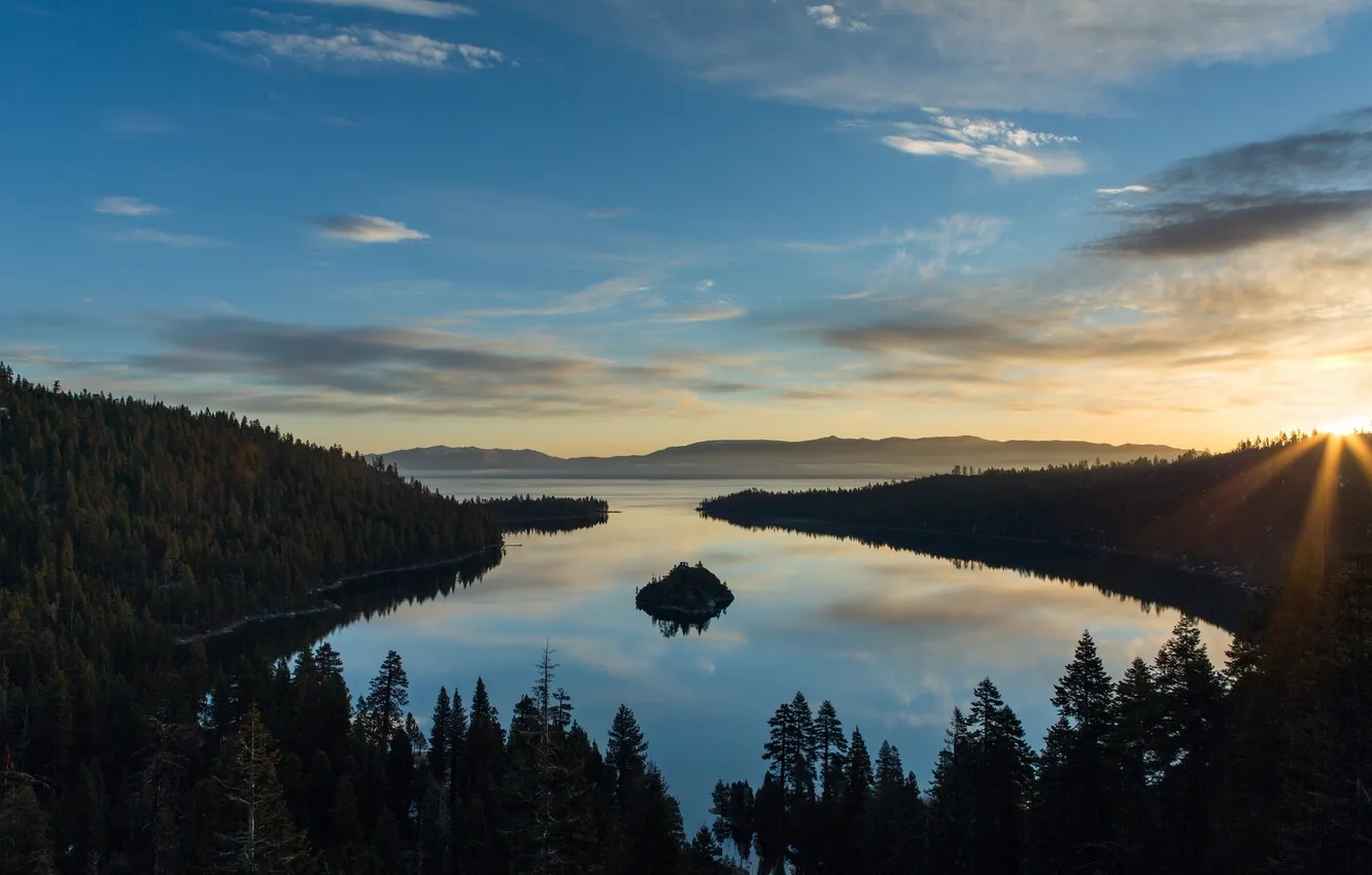 Фото обои лес, горы, восход, утро, Lake Tahoe, озеро Тахо
