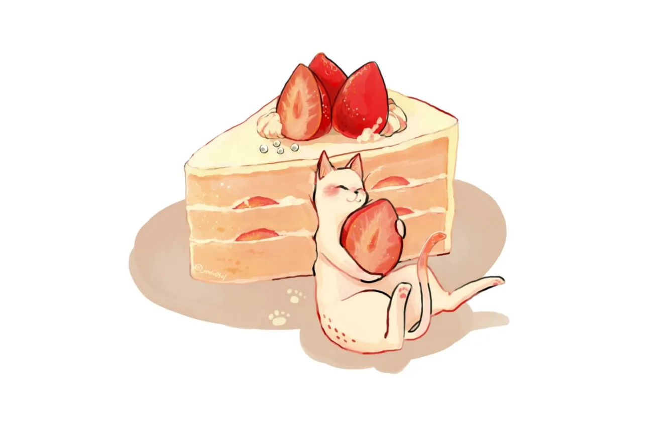 Фото обои тень, клубничка, торт, белый фон, вкуснятина, крем, кусок торта, белый котенок