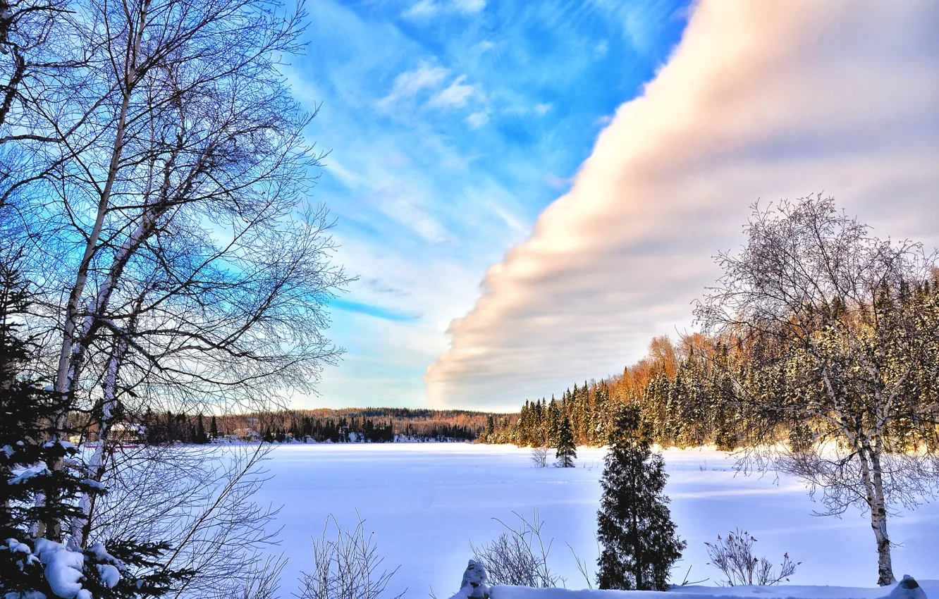Фото обои Canada, Winter, Water, Snow, clouds, Dawn, Blue sky, North wood