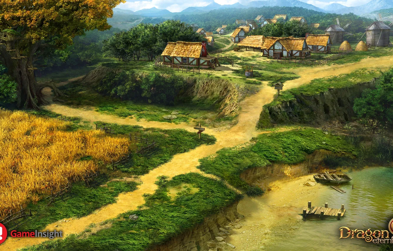 Фото обои река, обрыв, берег, дома, dragon eternity, landor village