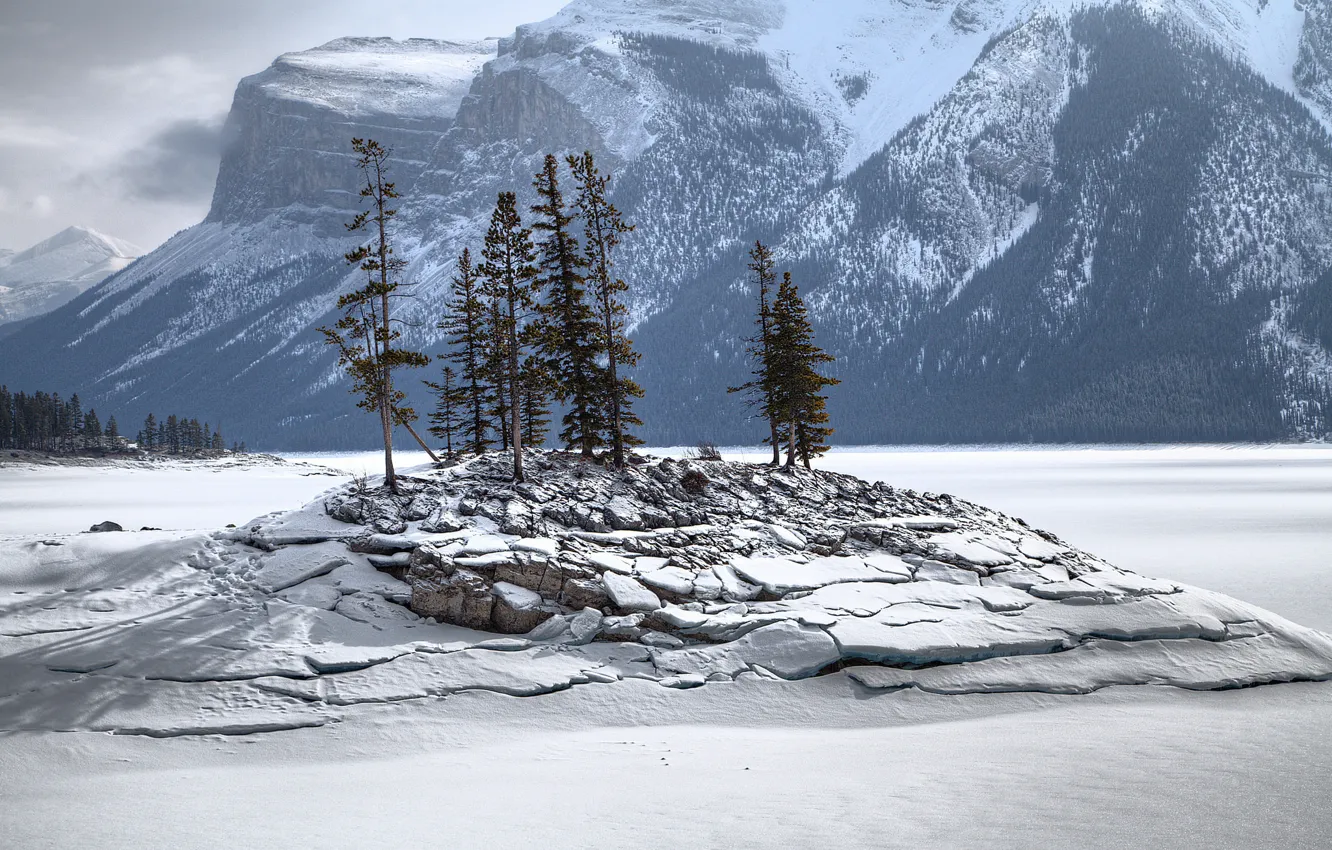 Фото обои зима, снег, деревья, горы, скала, озеро, остров
