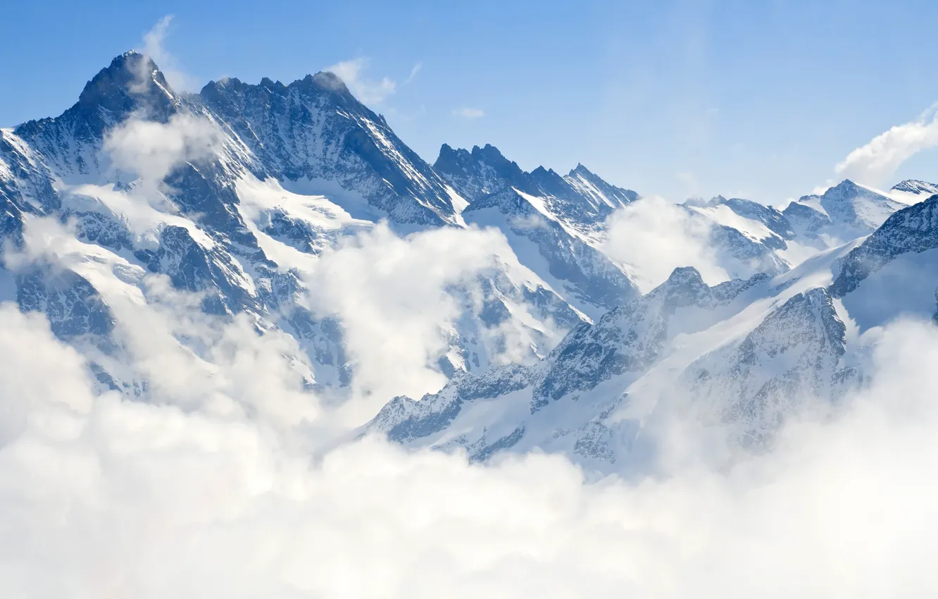 Фото обои зима, пейзаж, горы, природа, туман