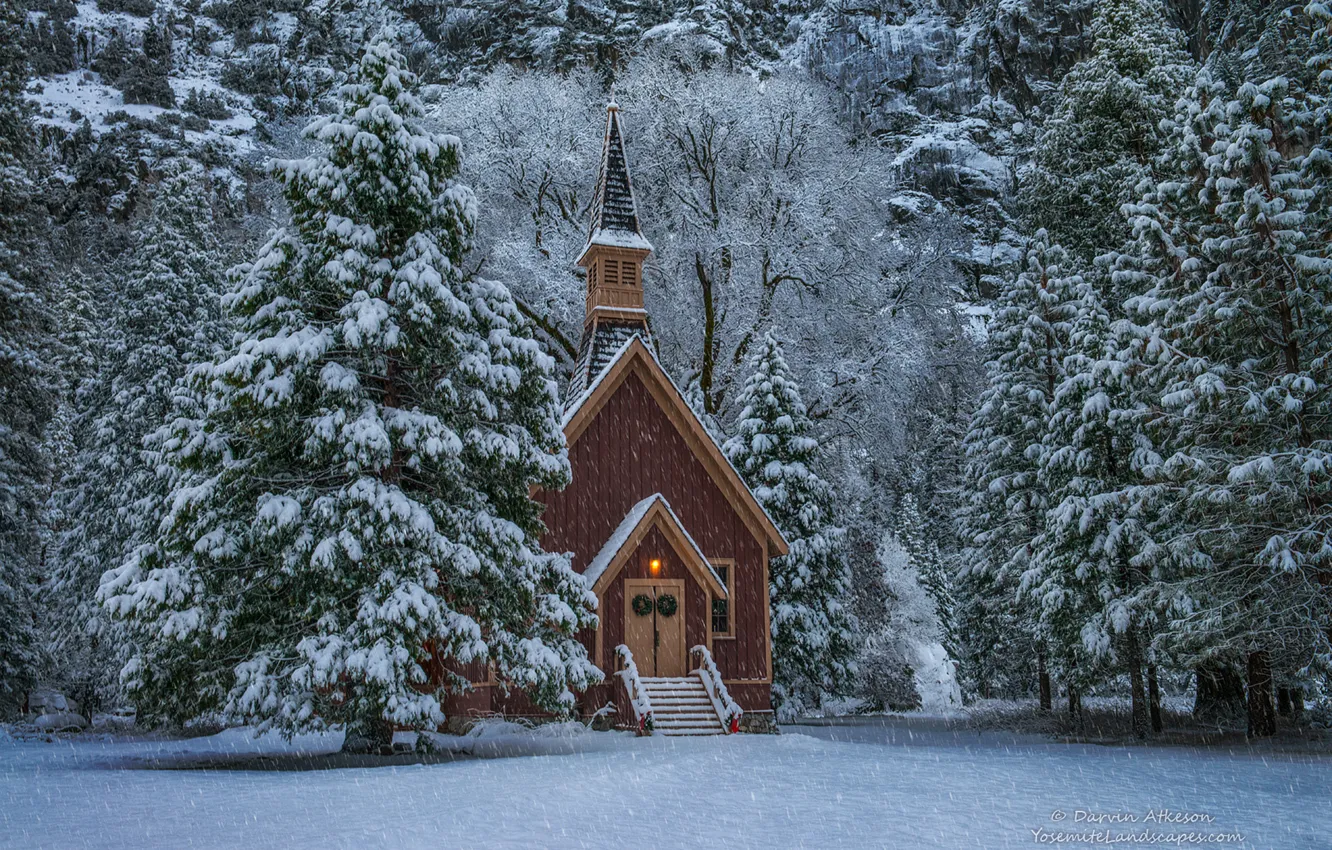 Фото обои зима, лес, снег, деревья, церковь, Невада