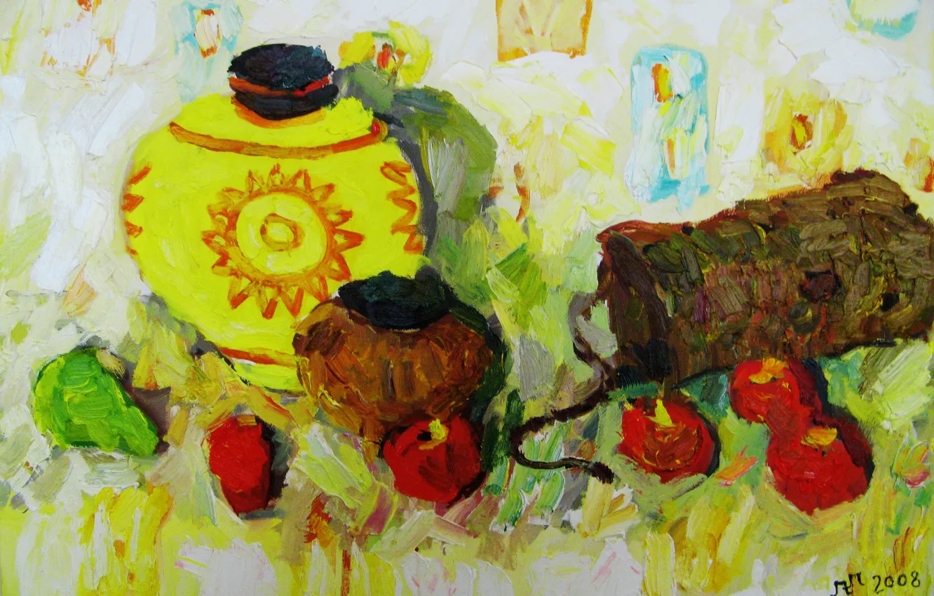 Фото обои яблоки, 2008, груша, кувшин, натюрморт, ведерко, Петяев