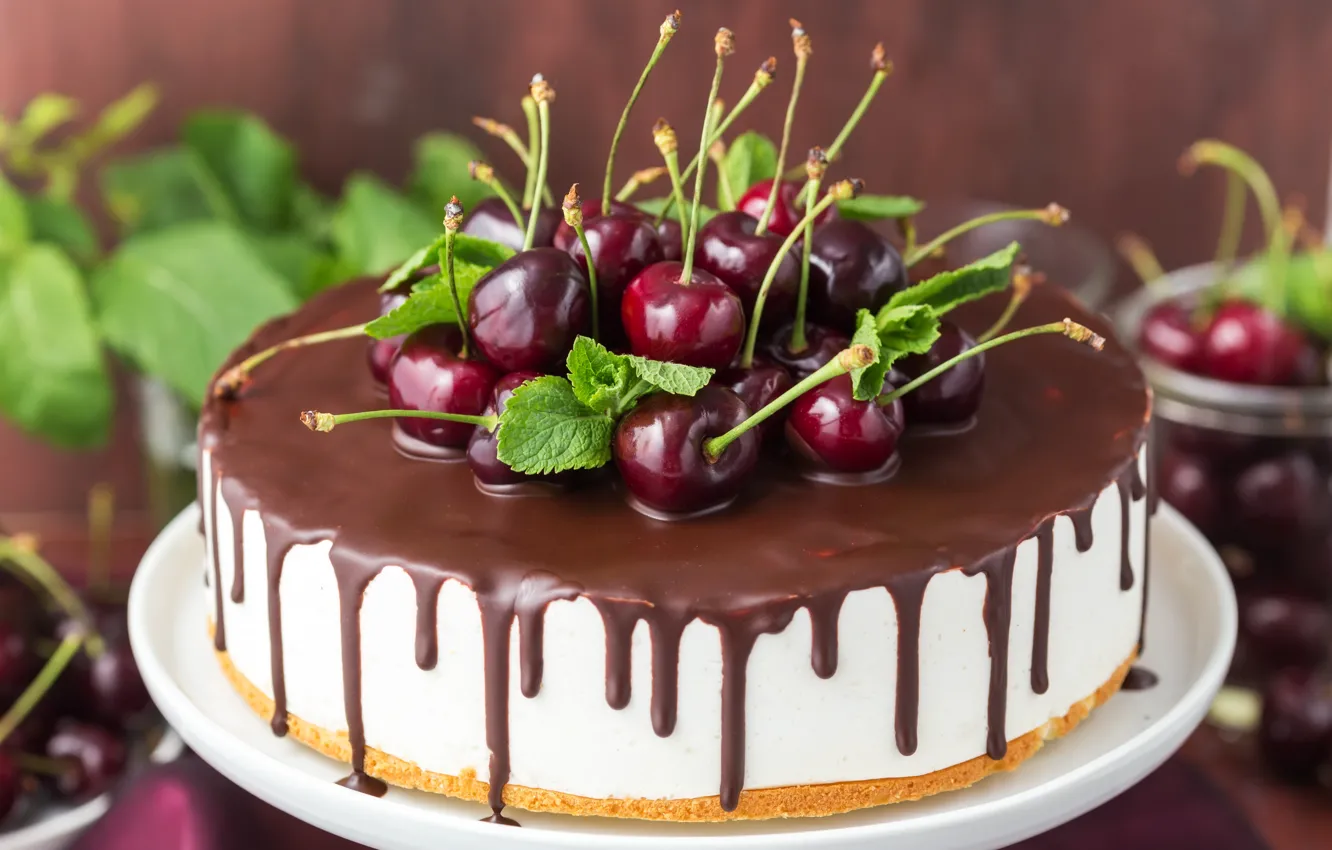 Фото обои вишня, шоколад, торт, десерт