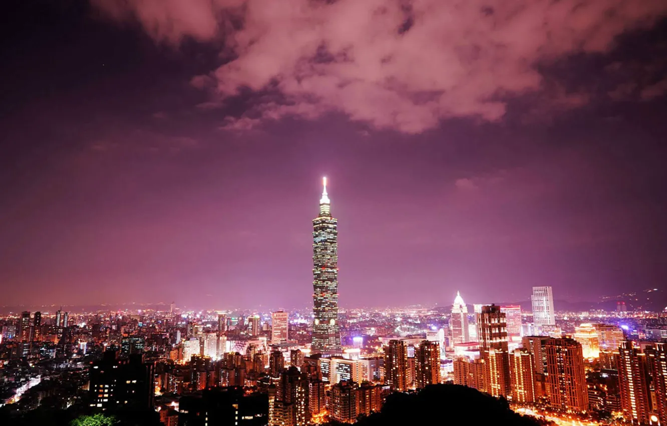 Фото обои City, Light, skyline, Neon, Taipei, 101, Tower