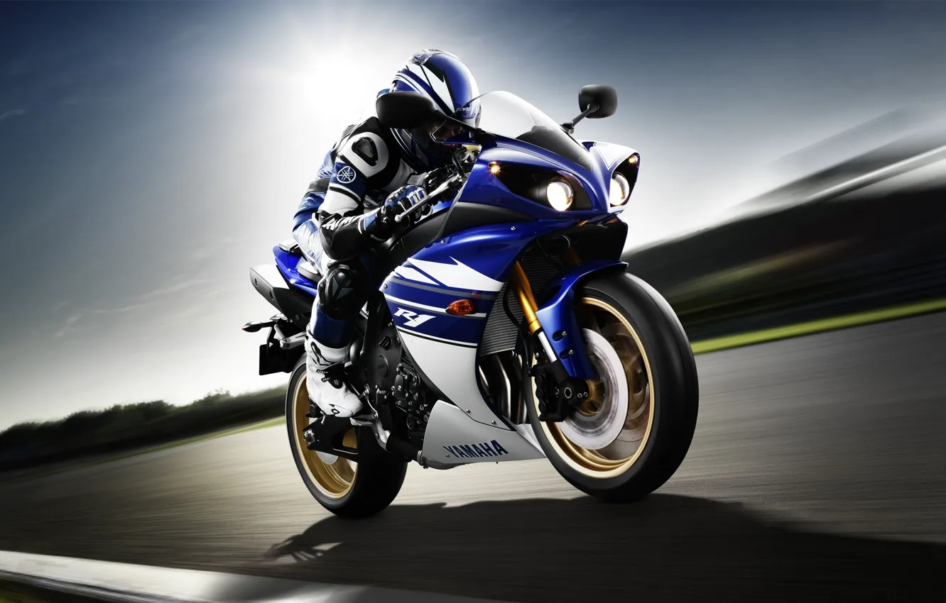 Фото обои скорость, мотоциклист, Yamaha, front, ямаха, YZF-R1, спортивный мотоцикл