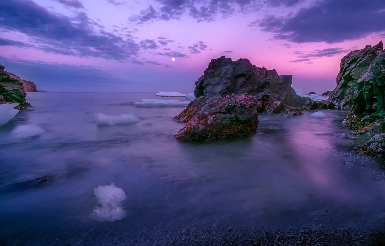 Фото обои море, фиолетовый, закат, скалы