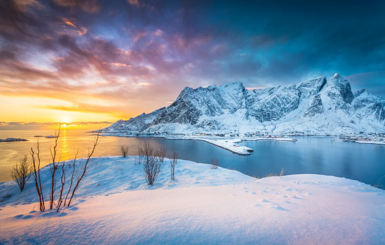 Фото обои зима, свет, снег, горы, фьорд