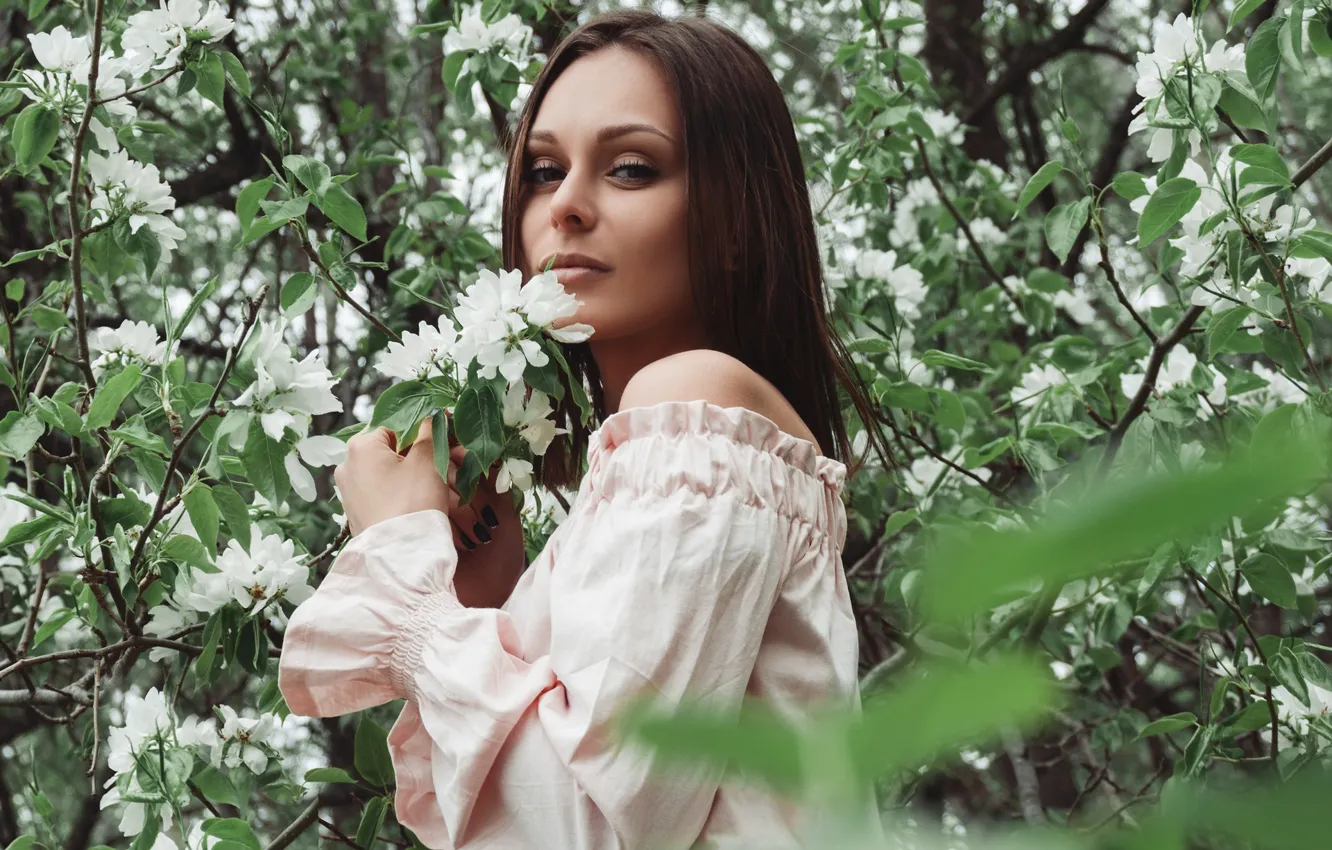 Фото обои взгляд, листья, деревья, Девушка, цветочки, Zlobin Awesome, Валерий Злобин