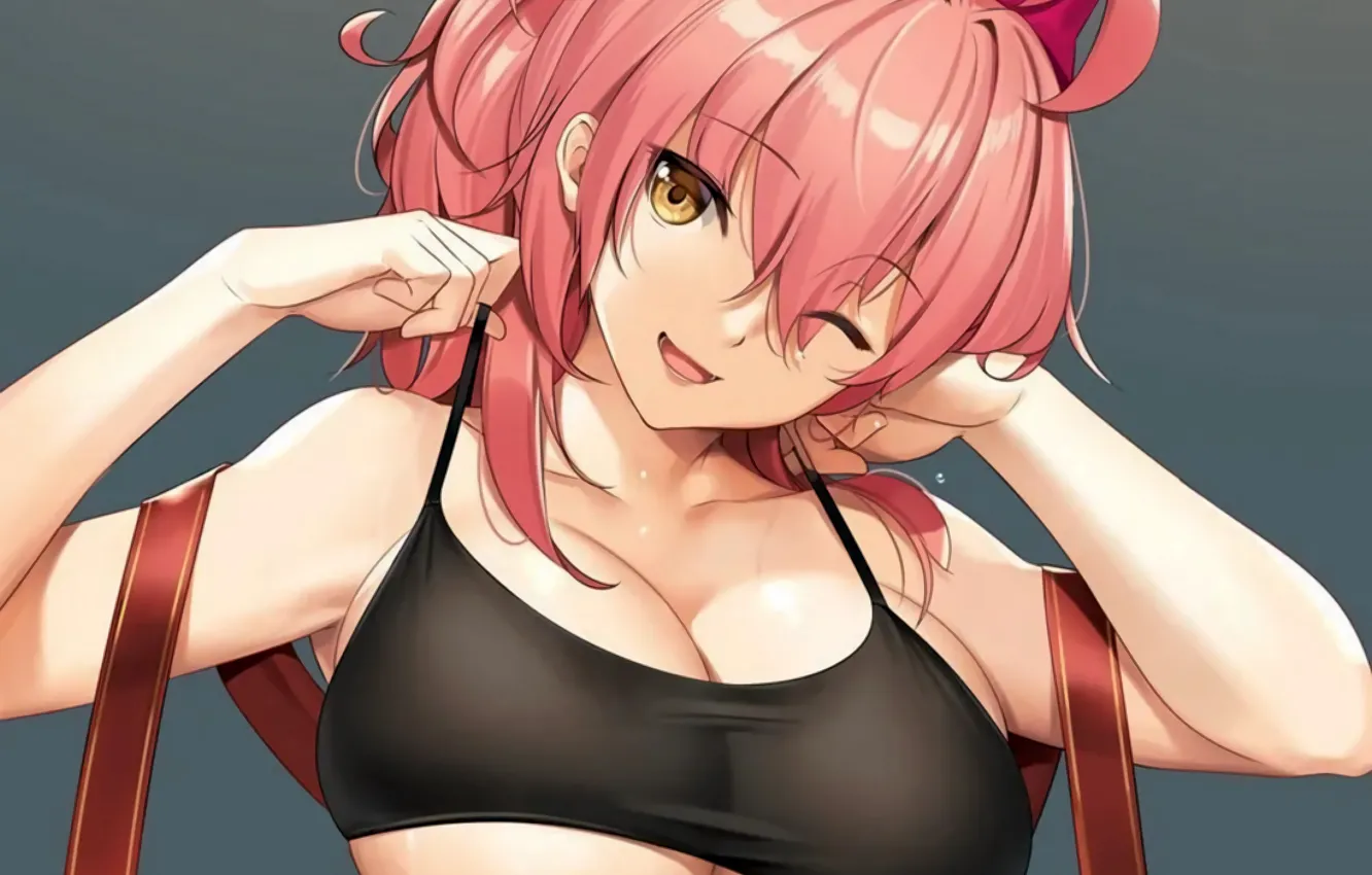 Фото обои girl, sexy, cleavage, pink hair, long hair, boobs, anime, beautiful